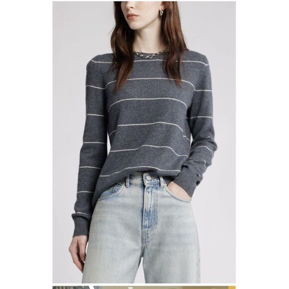 Nordstrom Women Crewneck Cashmere Sweater In Grey- Beige Spaced Stripe Sz Large - Picture 2 of 8